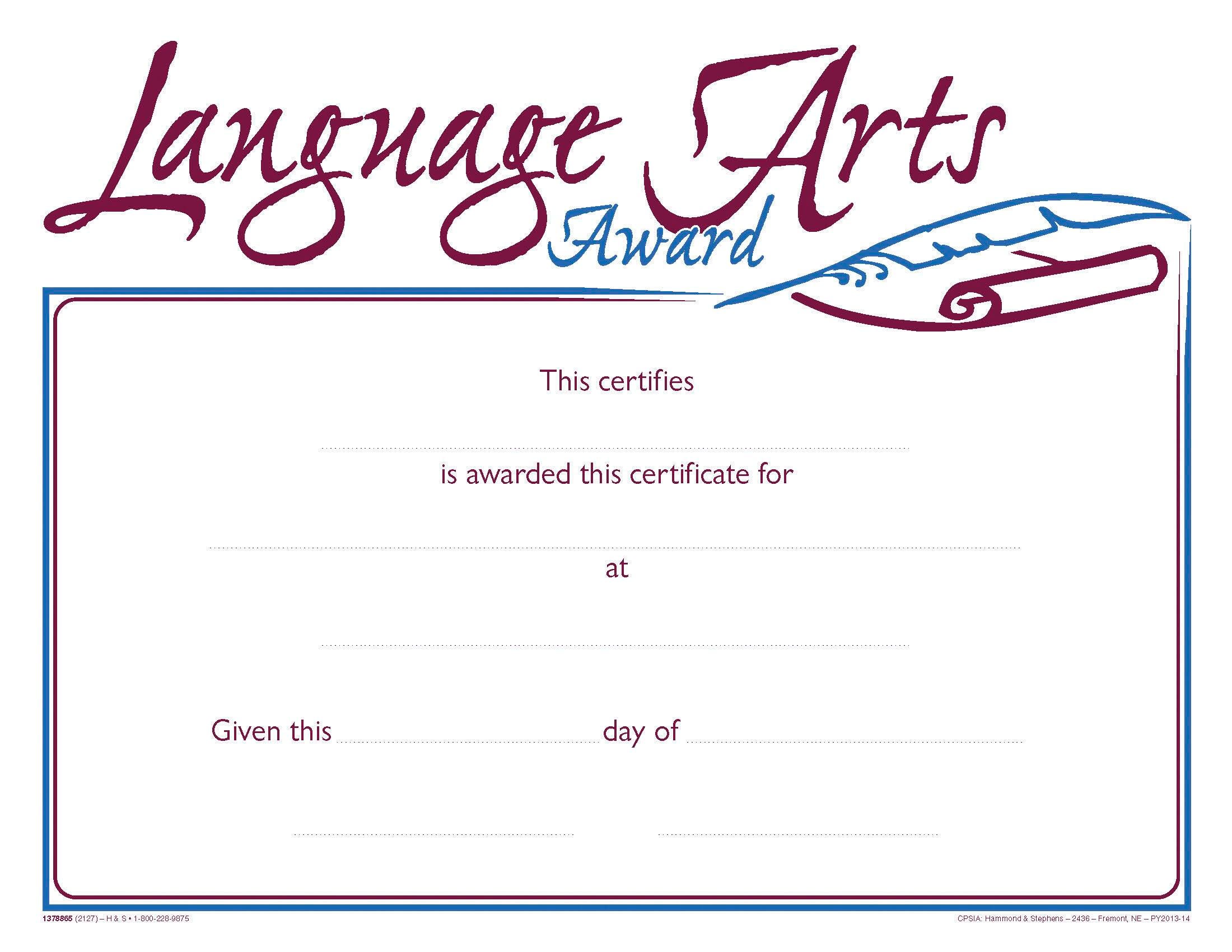 Hammond & Stephens Raised Print Language Arts Recognition Award, 11 x 8-1/2 inches, Pack of 25, Item Number 2103086